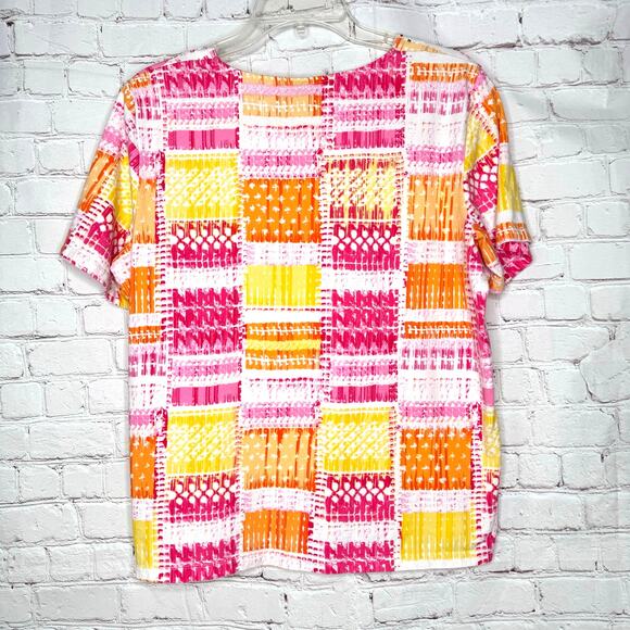 Alfred Dunner Wms Med Pink Orange Rectangle Print Square Neck Embellished Top - Picture 3 of 9